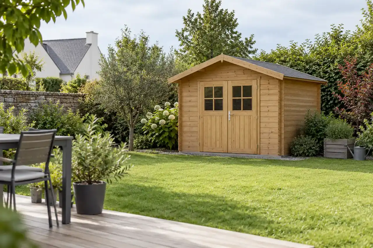 Abri de jardin en bois neuf au fond d'un jardin