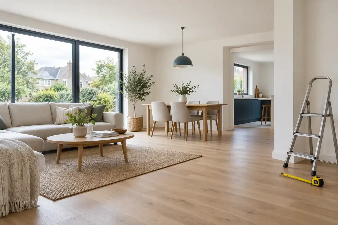 Pièce de vie rénovée au parquet clair, escabeau et mètre ruban posés