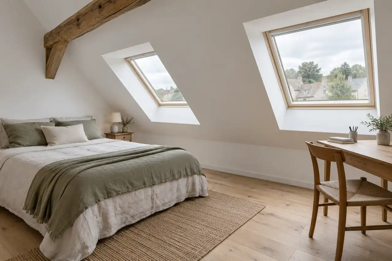 Chambre aménagée sous les combles avec deux fenêtres de toit, poutre apparente et parquet clair