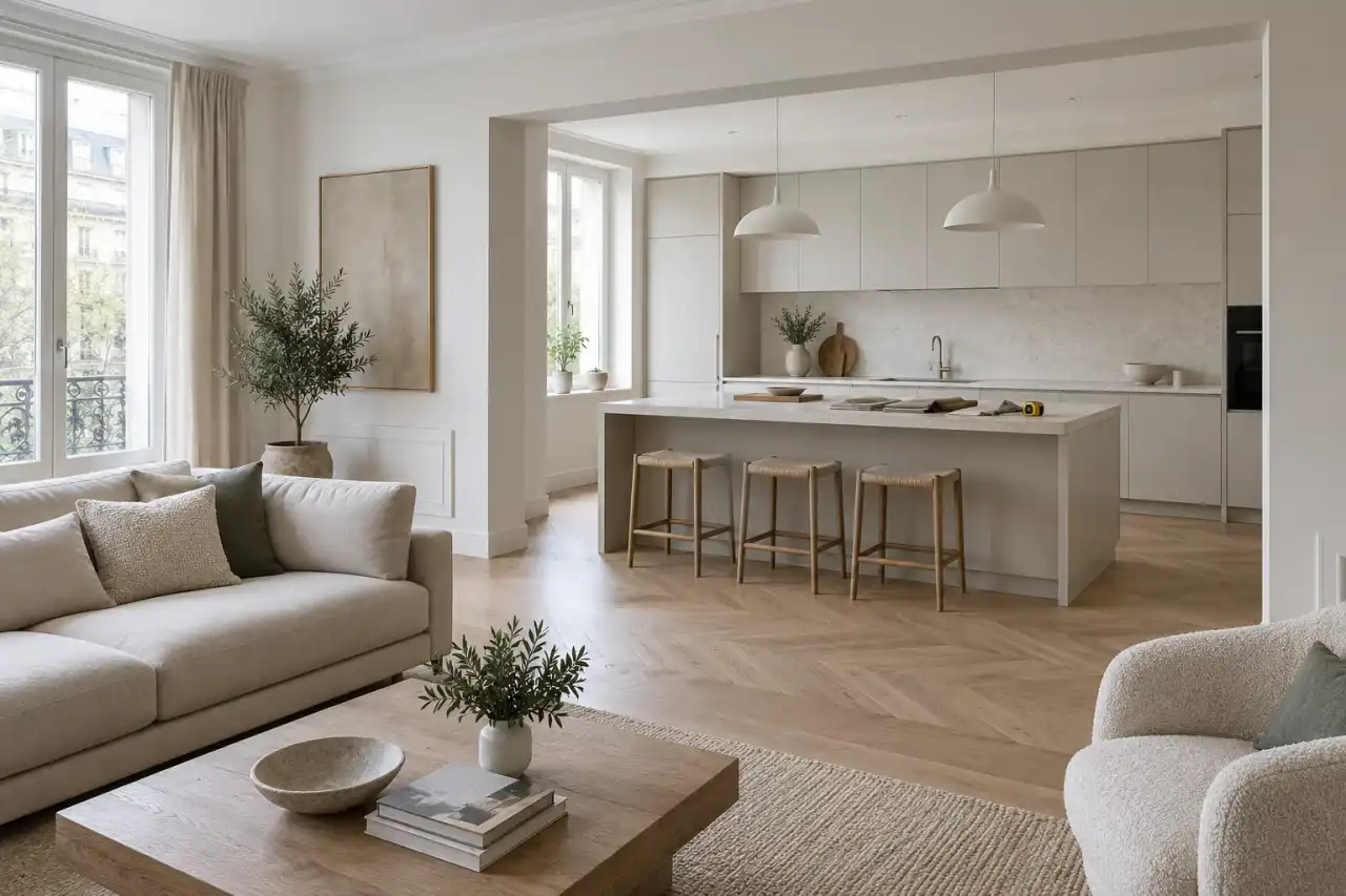 Séjour réaménagé ouvert sur une cuisine claire avec îlot, parquet chêne en chevron