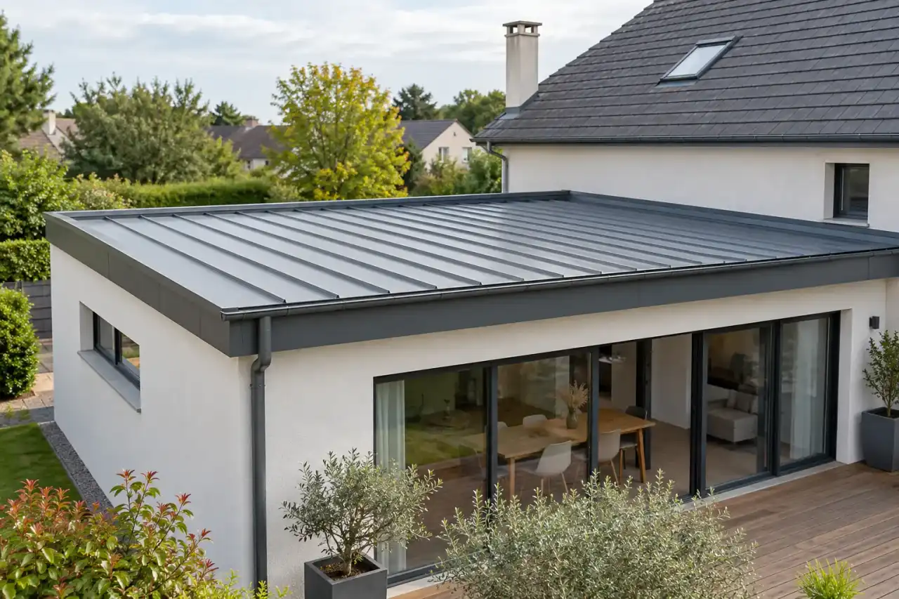Toiture en bac acier gris sur une extension
