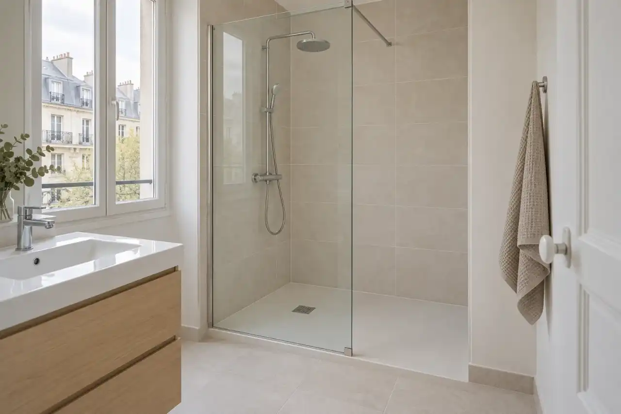 Douche à l’italienne avec paroi vitrée installée dans une petite salle de bain claire.