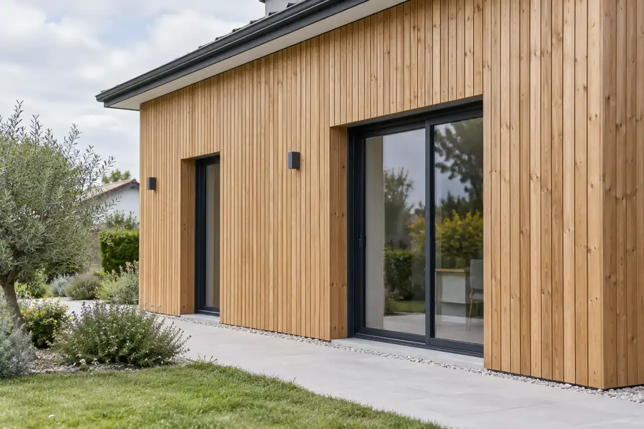 Bardage en bois vertical neuf sur la façade d'une maison