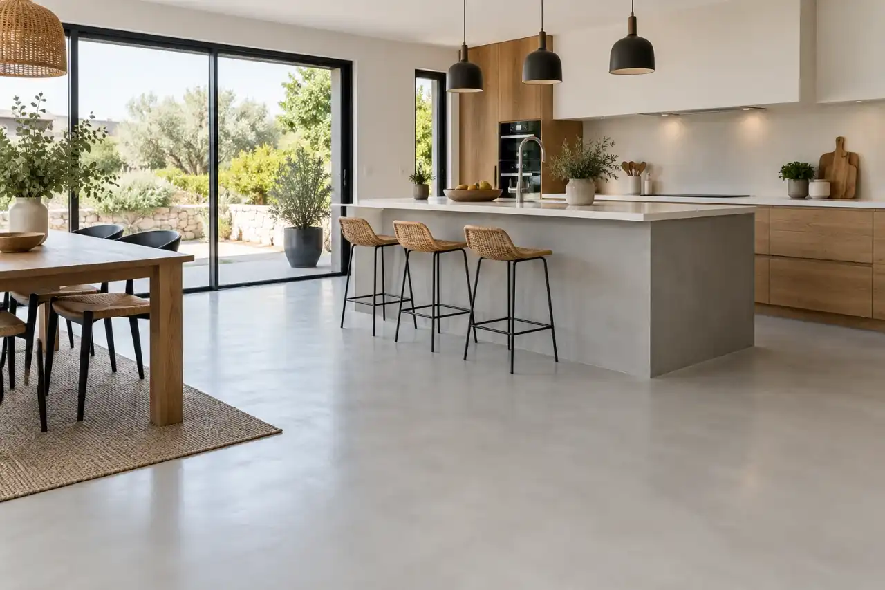 Sol en béton ciré gris perle dans une cuisine ouverte