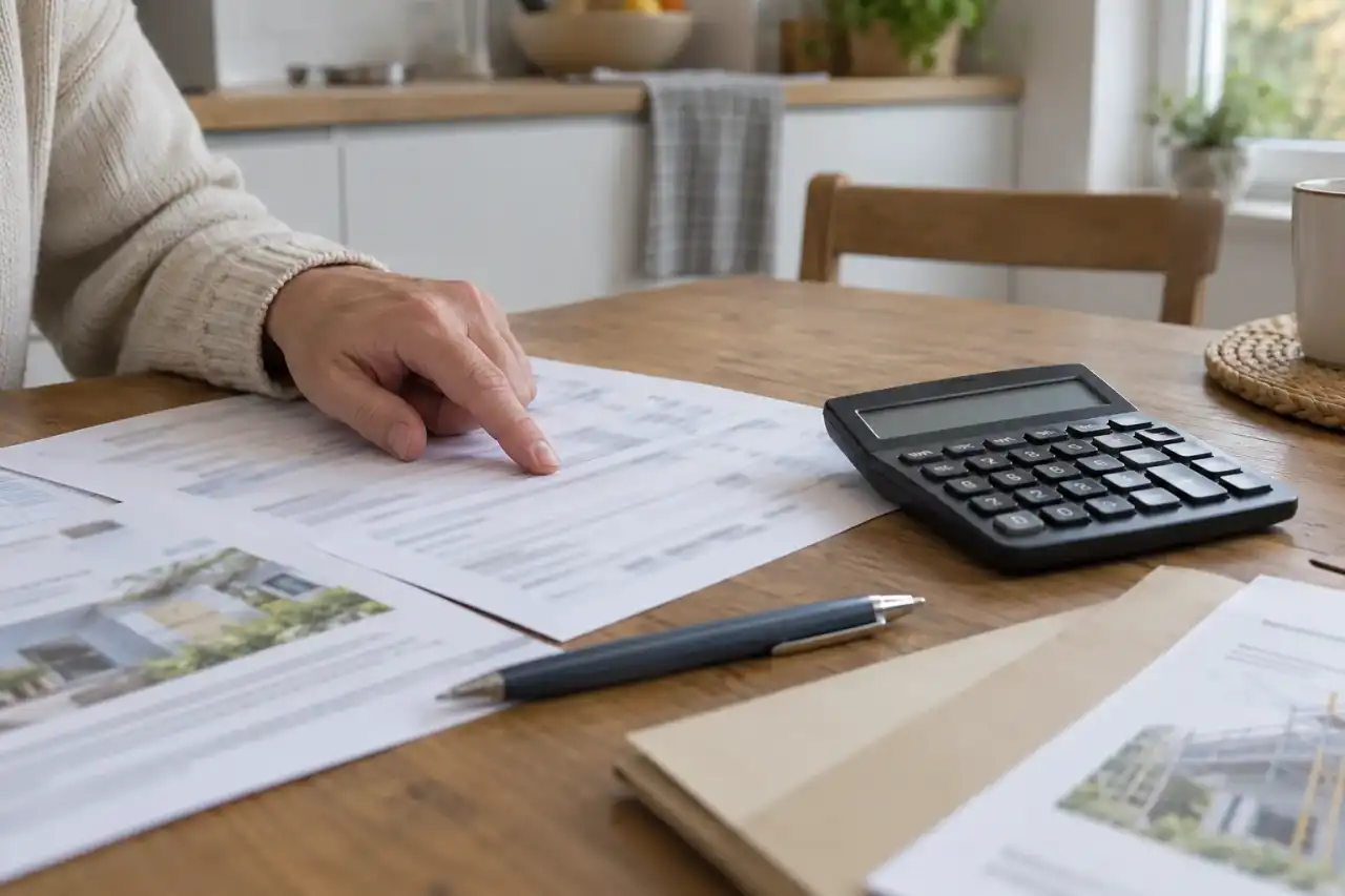 Main pointant un document flou posé près d’un stylo et d’une calculatrice.