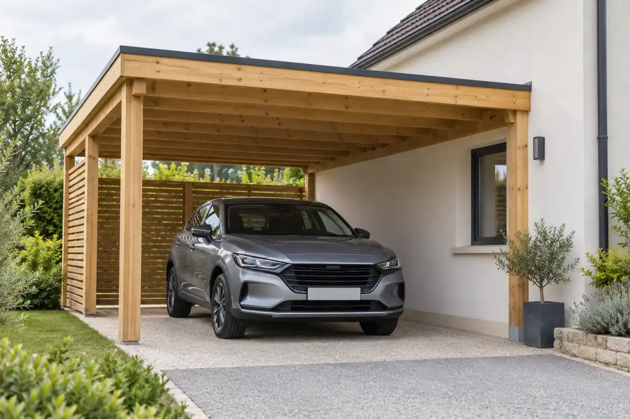 Carport en bois accolé à une maison, voiture garée dessous