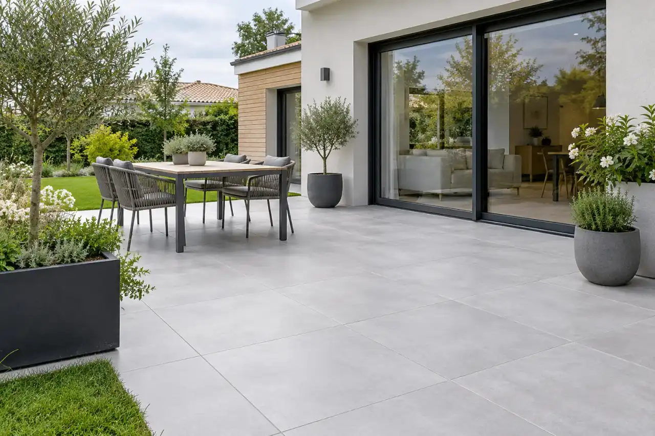 Terrasse carrelée gris clair devant une maison