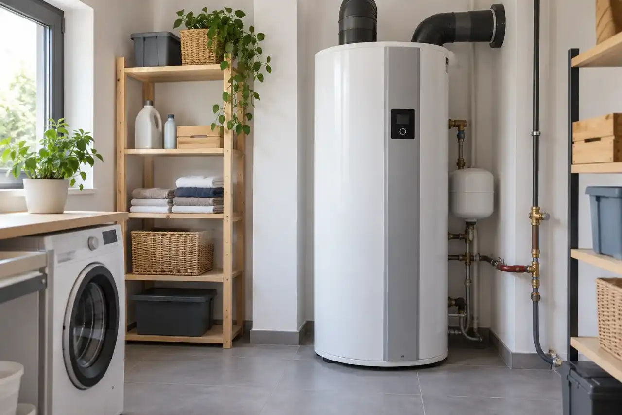 Chauffe-eau thermodynamique blanc dans un cellier rangé