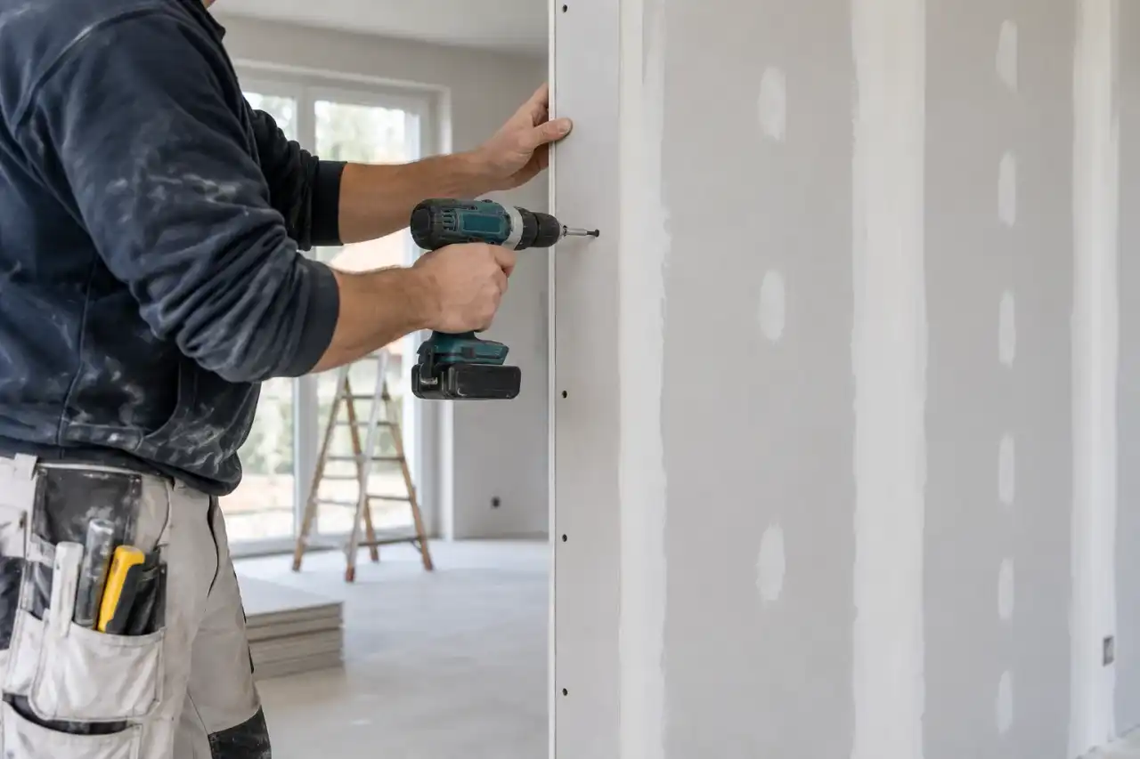 Plaquiste vissant une plaque de plâtre sur une cloison neuve