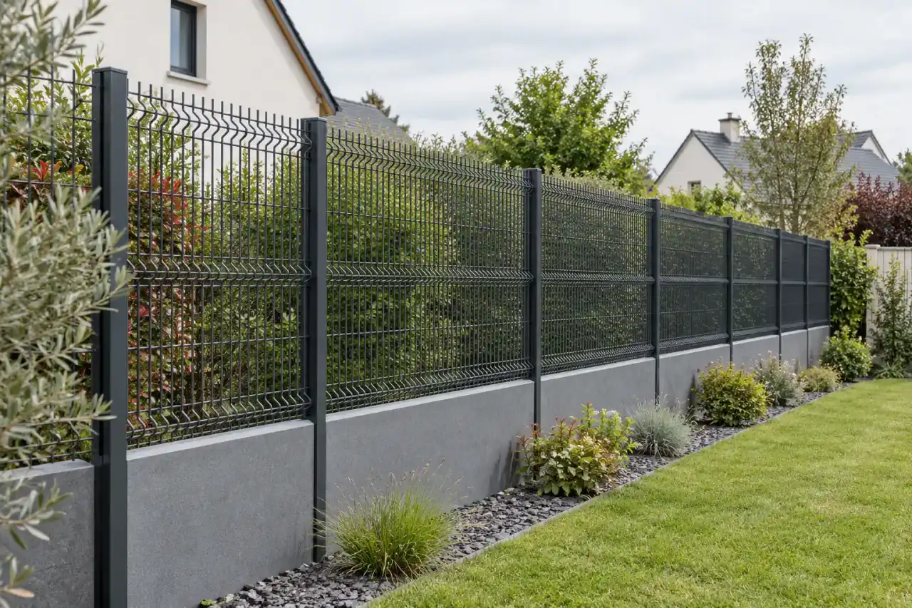 Clôture rigide gris anthracite avec soubassement le long d'un jardin
