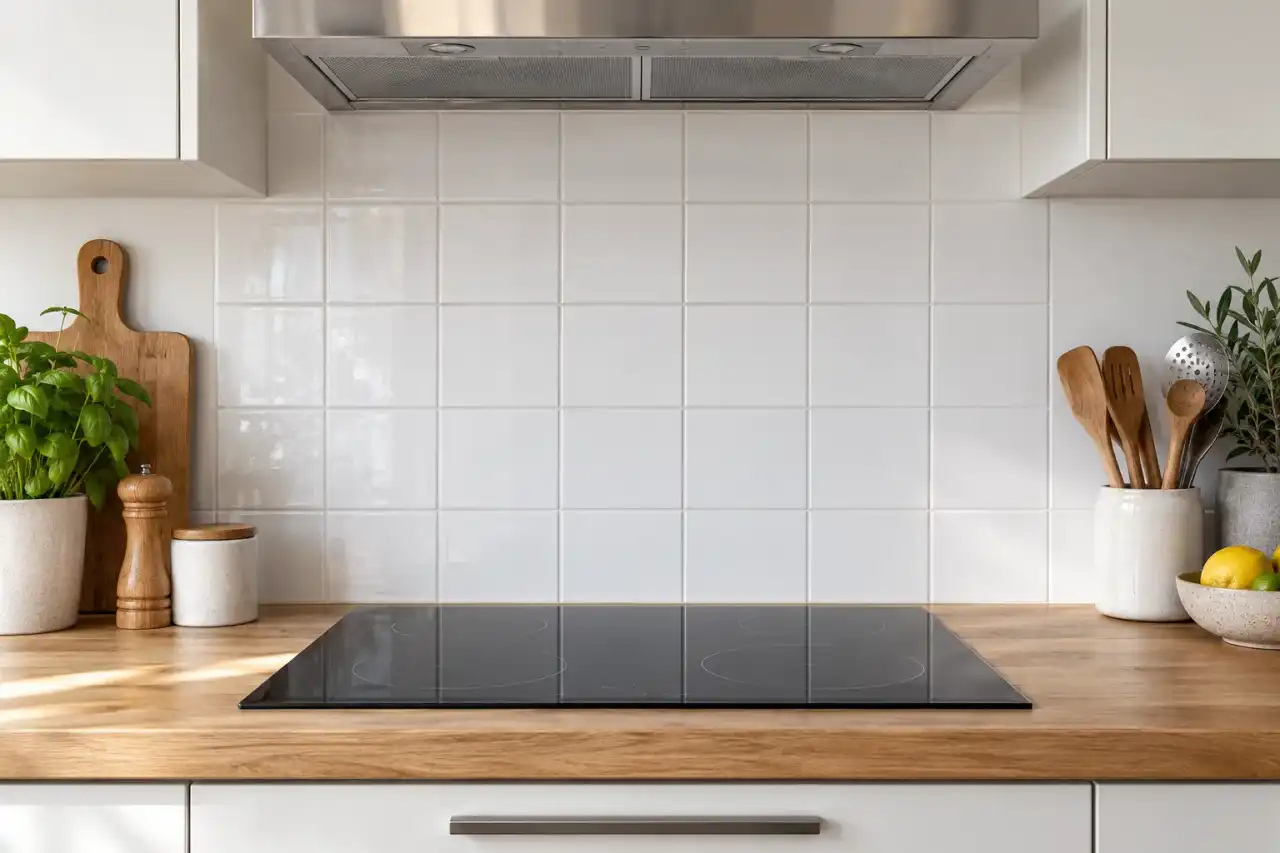 Crédence en carreaux blancs derrière une plaque de cuisson