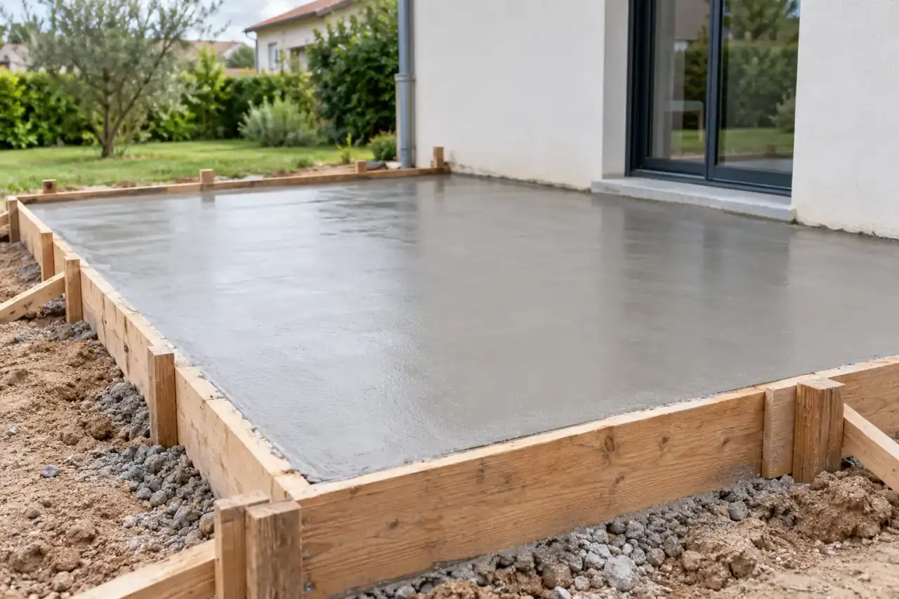 Dalle béton fraîchement coulée et lissée dans son coffrage en bois