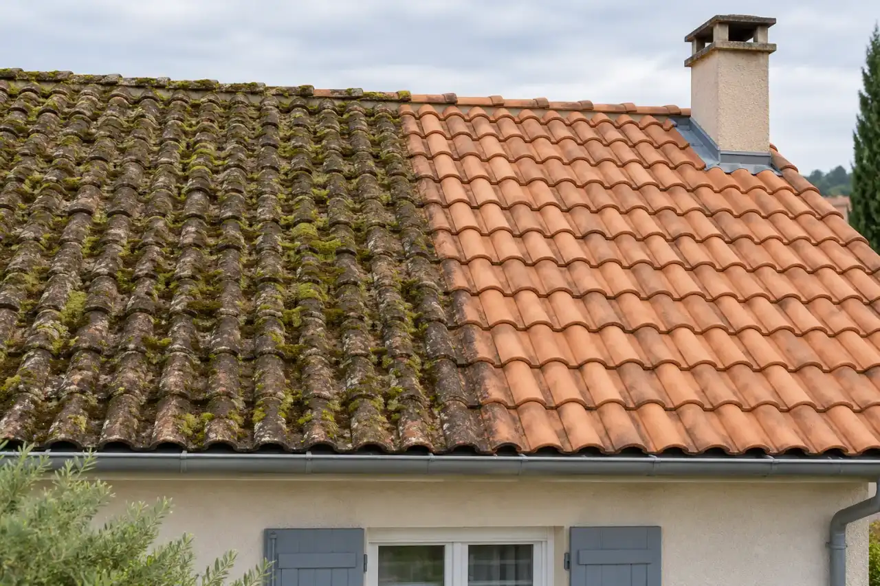 Toiture en tuiles à moitié démoussée, la limite bien visible