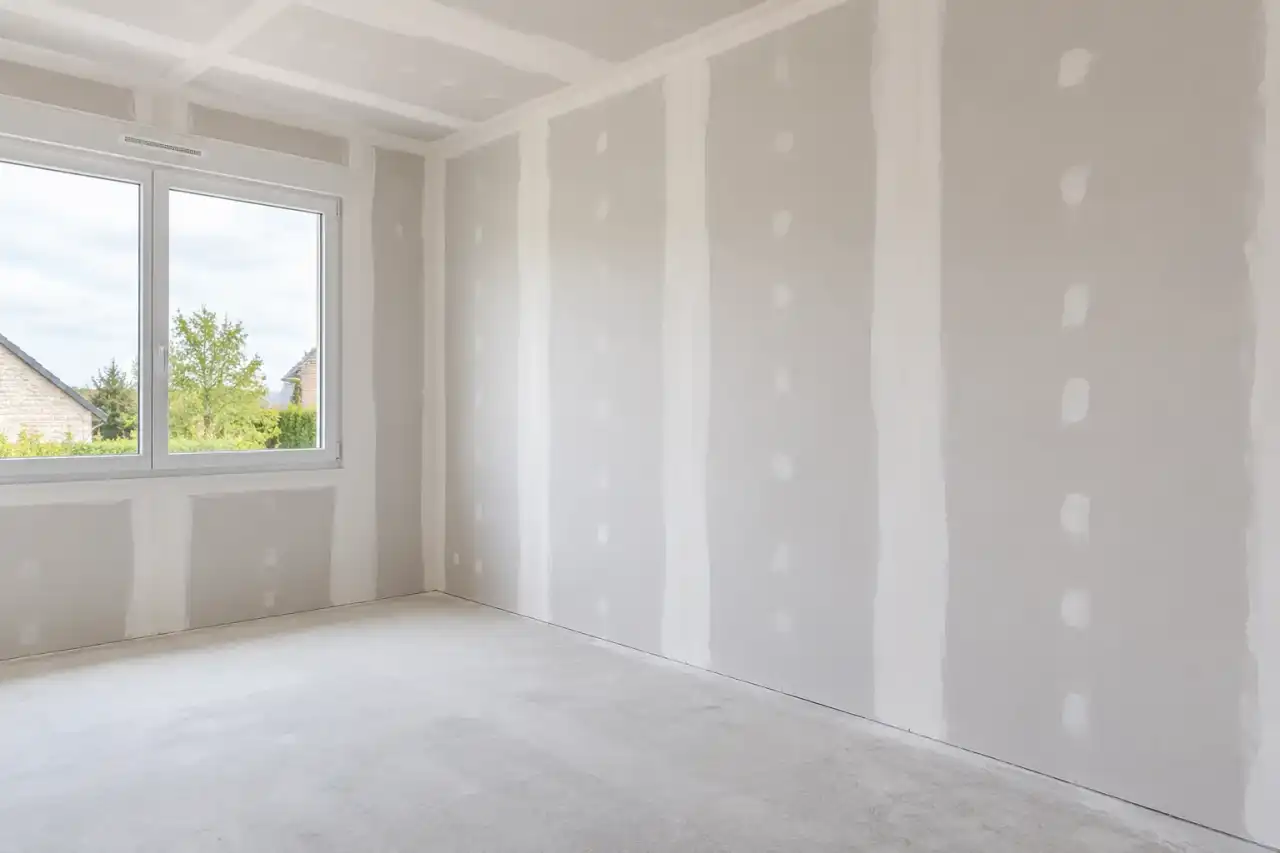 Murs doublés en plaques de plâtre, bandes réalisées, avant peinture