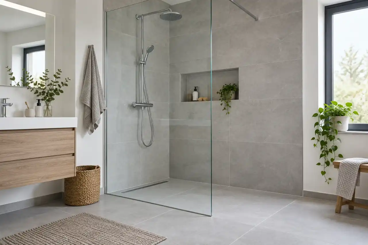 Douche à l'italienne de plain-pied avec paroi vitrée