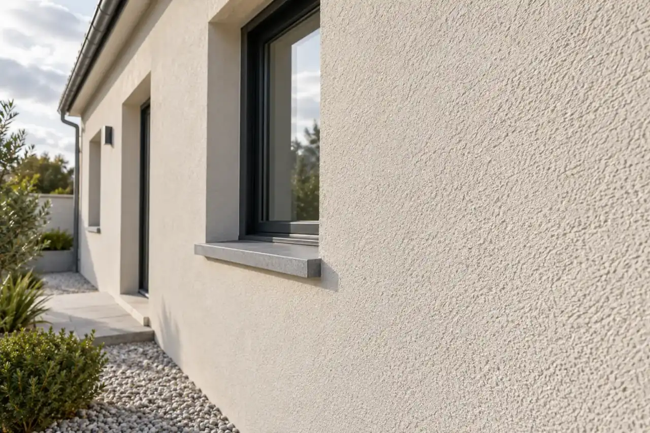 Enduit de façade taloché neuf vu en lumière rasante