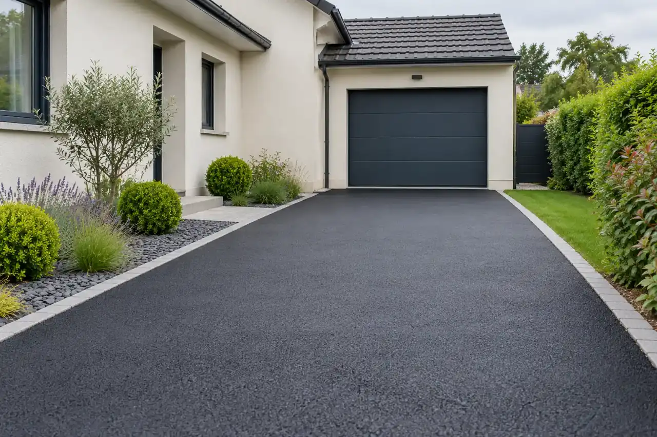 Allée en enrobé noir neuve menant à un garage
