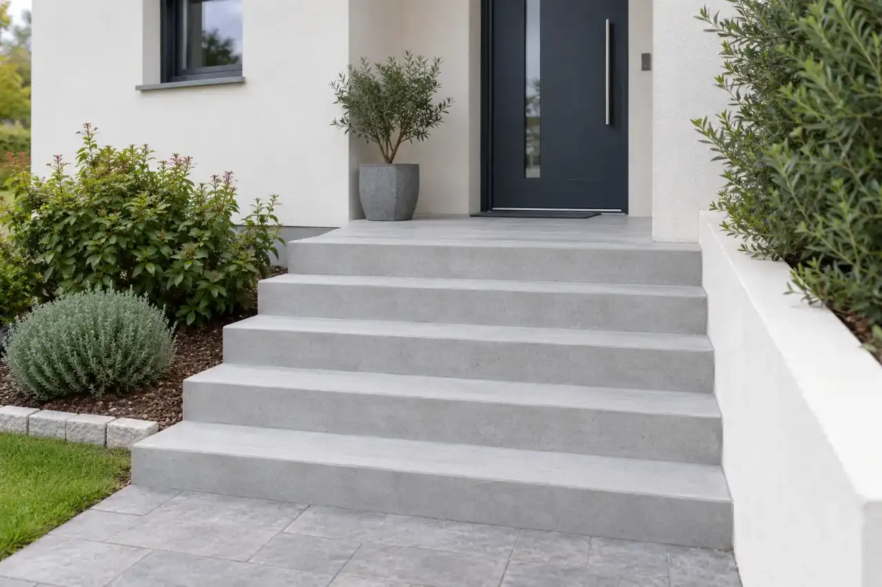 Escalier extérieur en béton neuf menant à une porte d'entrée