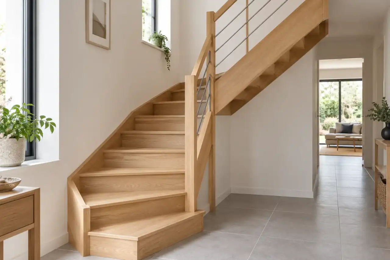 Escalier quart tournant en chêne clair dans une entrée