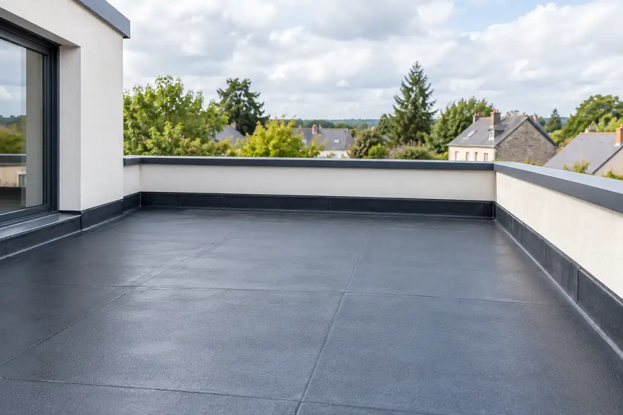 Toit-terrasse avec membrane d'étanchéité neuve et relevés propres