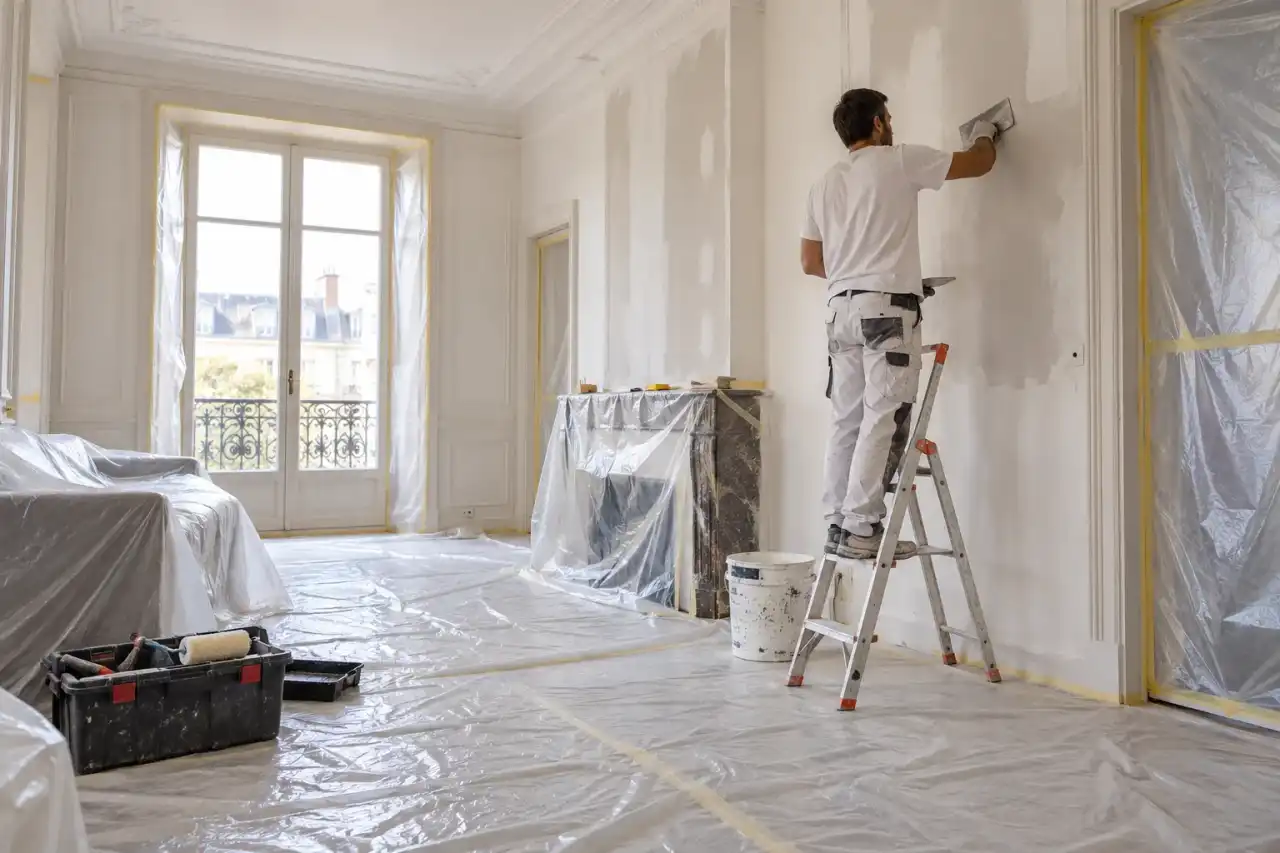 Pièce en travaux protégée par des bâches, un artisan enduit le mur