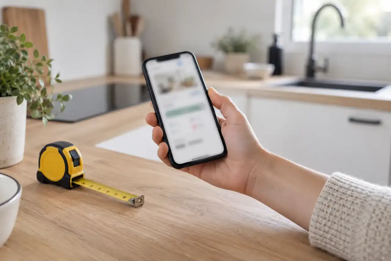 Main tenant un smartphone au-dessus d'un plan de travail, mètre ruban à côté