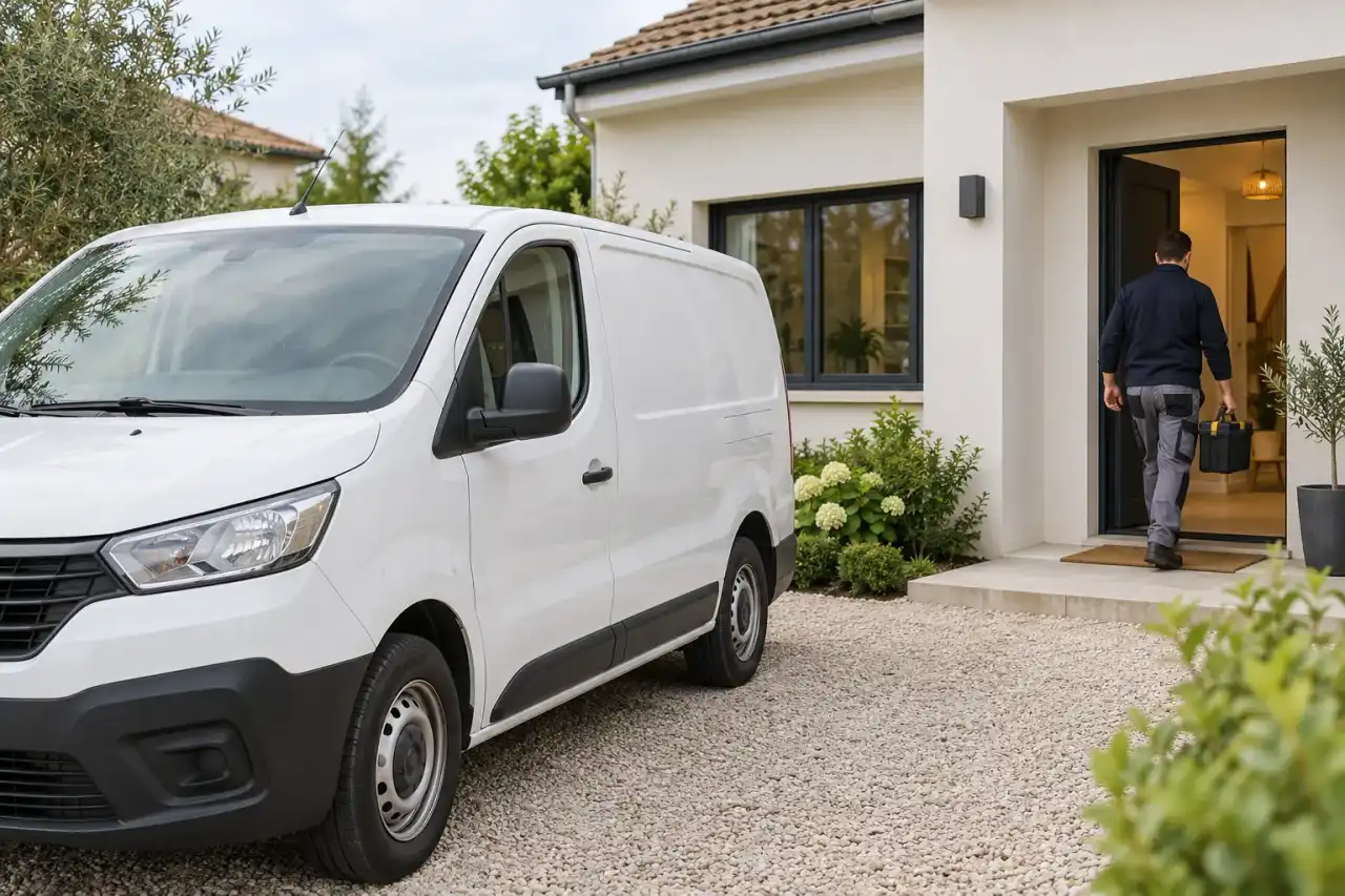 Camionnette blanche d'artisan garée devant une maison