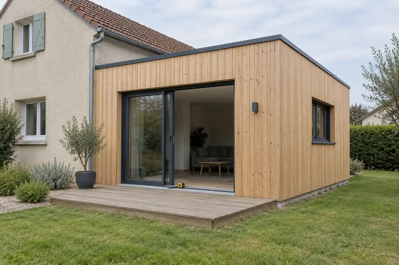 Extension en ossature bois à bardage clair accolée à une maison enduite, baie coulissante sur terrasse