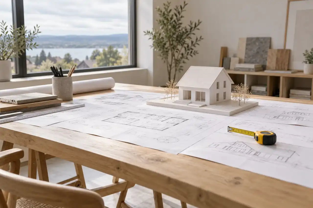 Table d’architecte avec plans de maison déroulés, maquette blanche et mètre ruban jaune