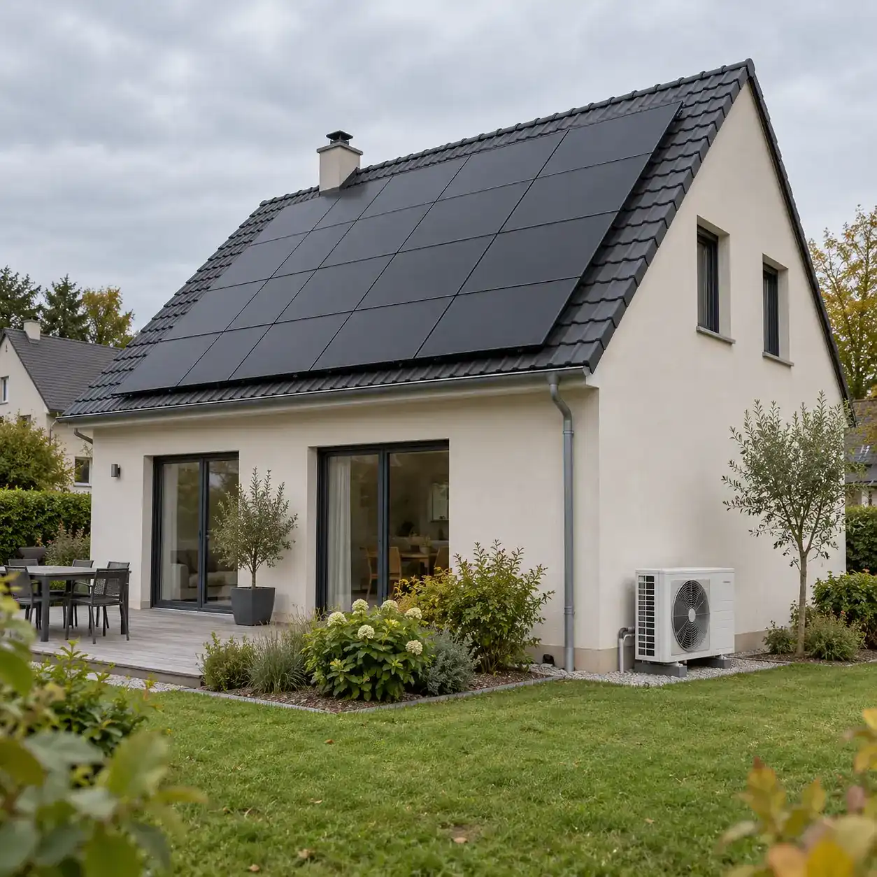 Maison française équipée de panneaux solaires et d’une pompe à chaleur extérieure.