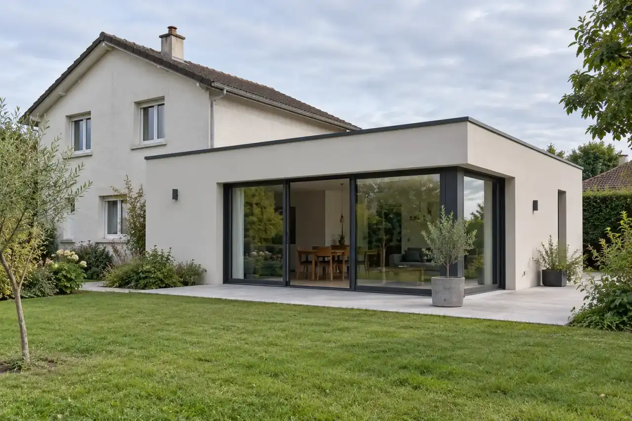 Maison aux murs clairs agrandie d’une extension de plain-pied à toit plat et grandes baies vitrées