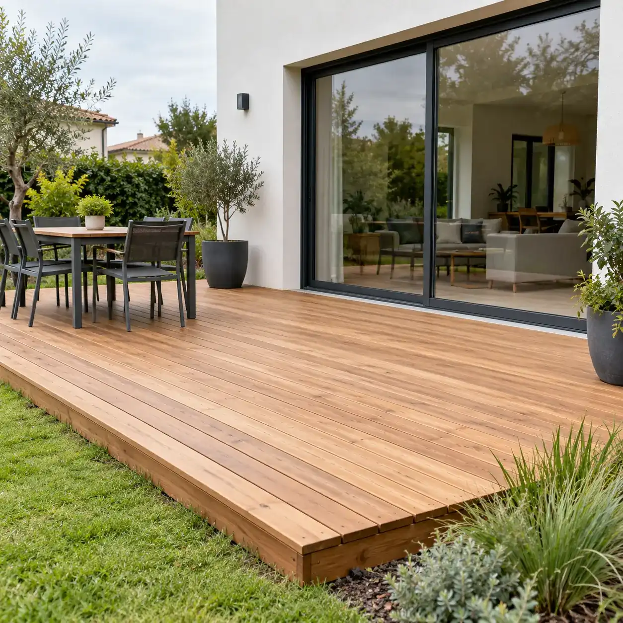 Terrasse en bois neuve devant une baie vitrée