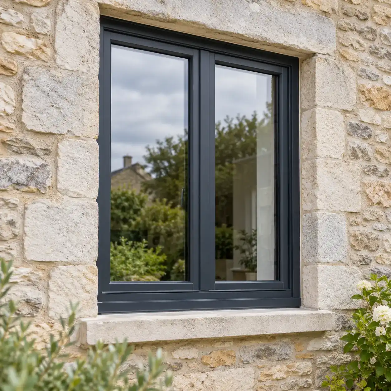 Fenêtre neuve gris anthracite dans un mur de pierre