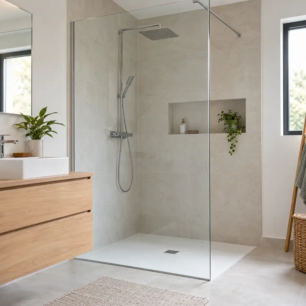 Douche à l'italienne claire avec paroi vitrée