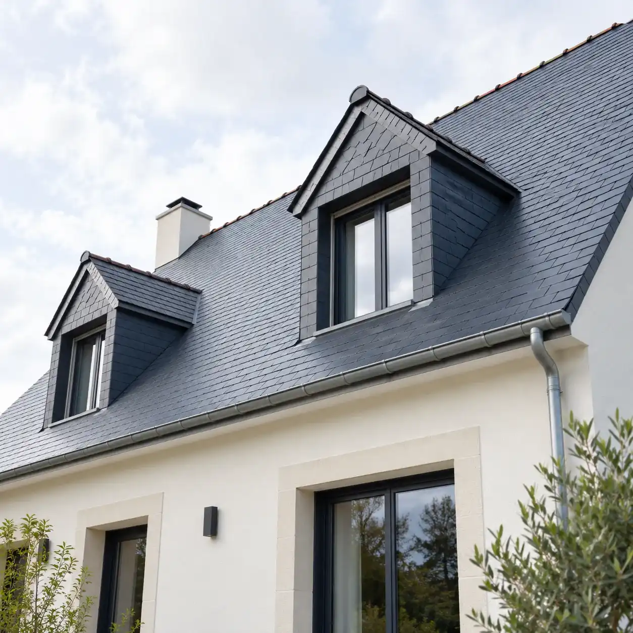 Toiture en ardoise neuve et façade claire vue d'en bas