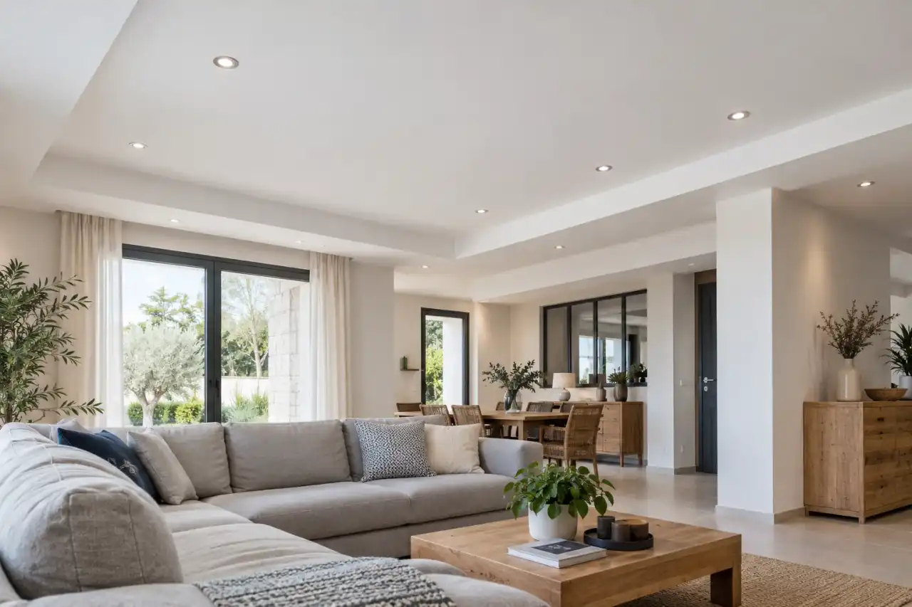 Faux plafond blanc avec spots encastrés dans un séjour