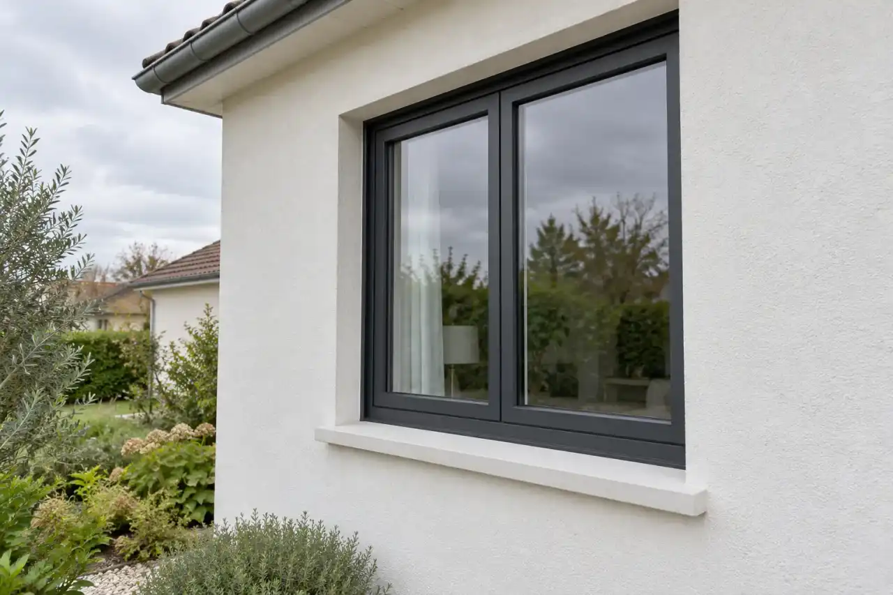 Fenêtre aluminium gris anthracite à deux vantaux sur une façade enduite claire