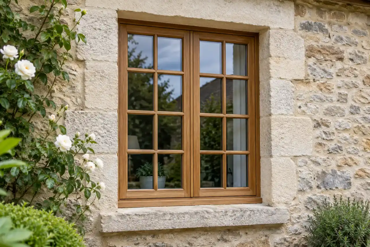 Fenêtre en bois à petits carreaux dans un mur de pierre