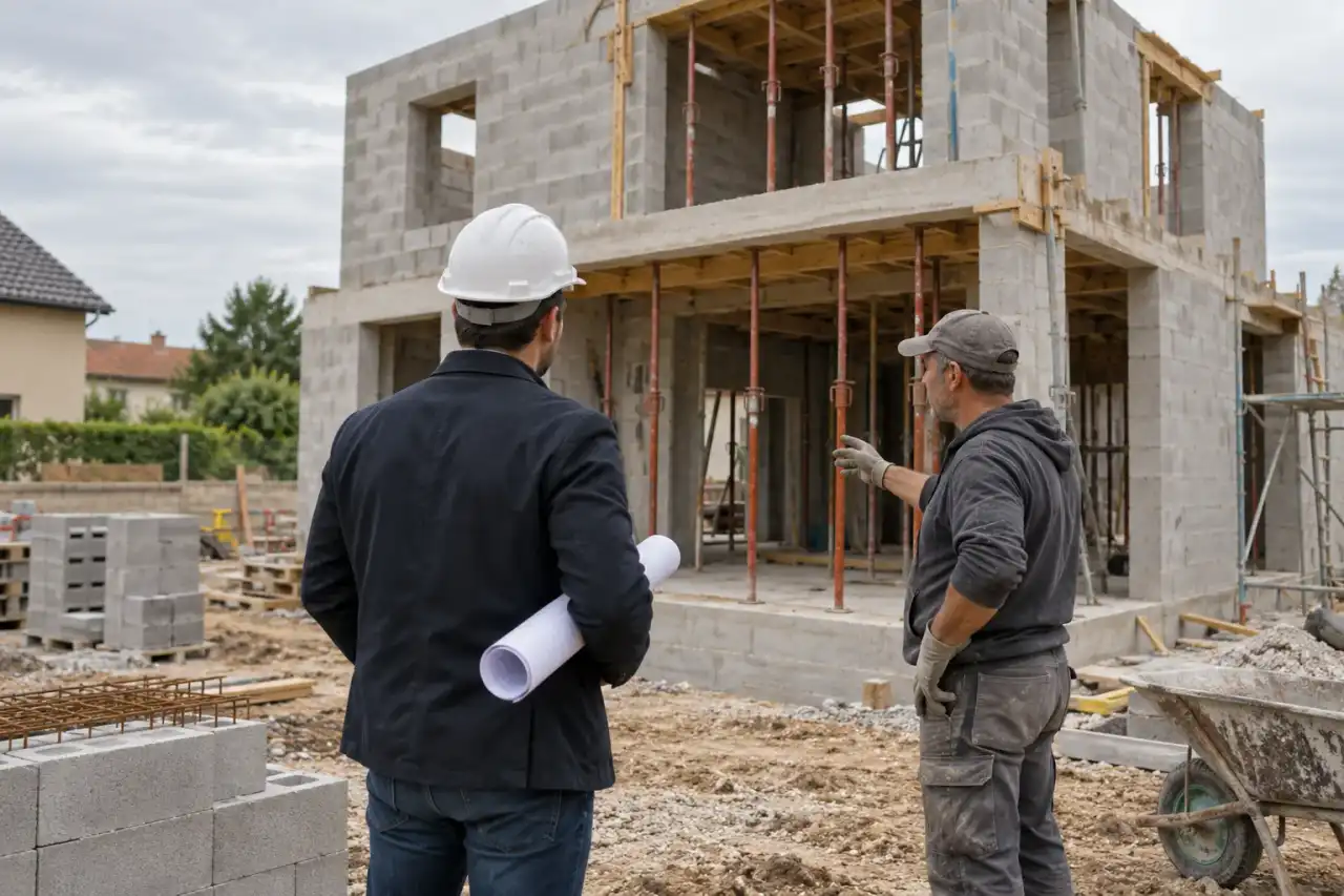 Architecte, plan sous le bras, qui échange avec un maçon sur un chantier de maison en blocs béton