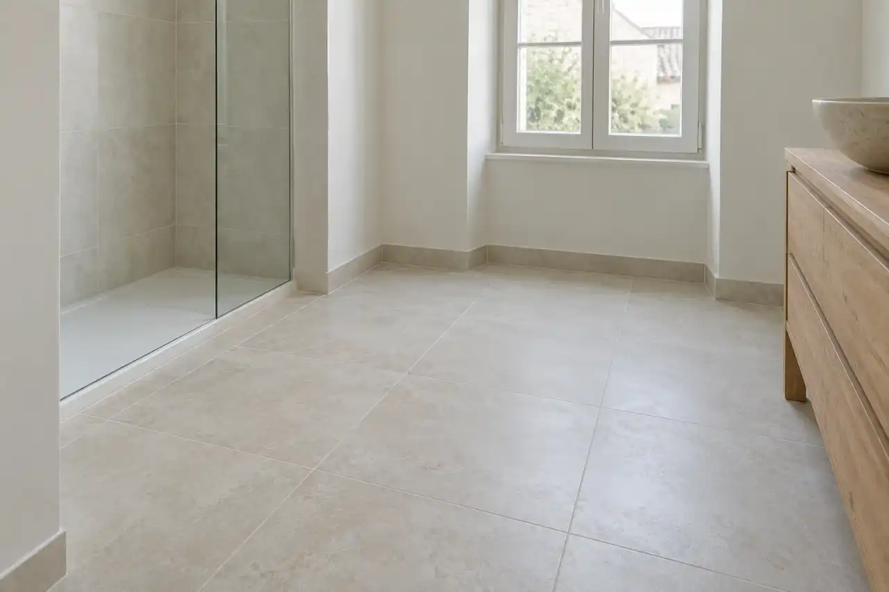 Pièce au sol carrelé grand format clair, douche vitrée en fond