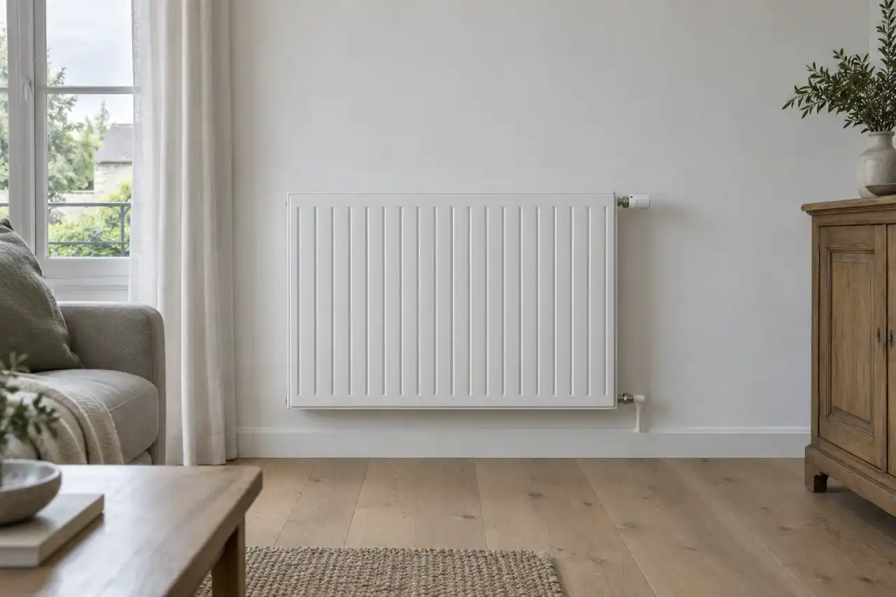 Radiateur blanc sous une fenêtre dans un séjour clair