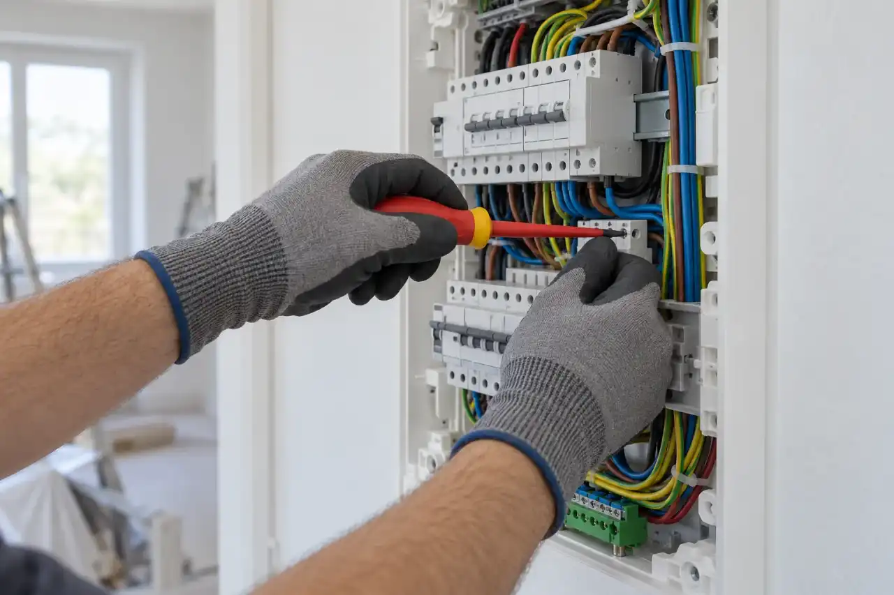 Électricien qui intervient au tournevis sur un tableau électrique ouvert