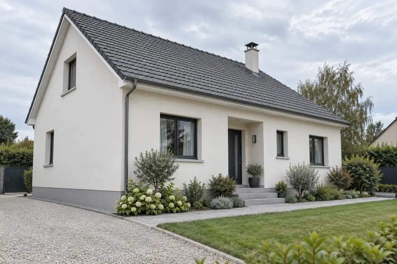 Maison individuelle à la façade enduite blanche et toit en ardoise