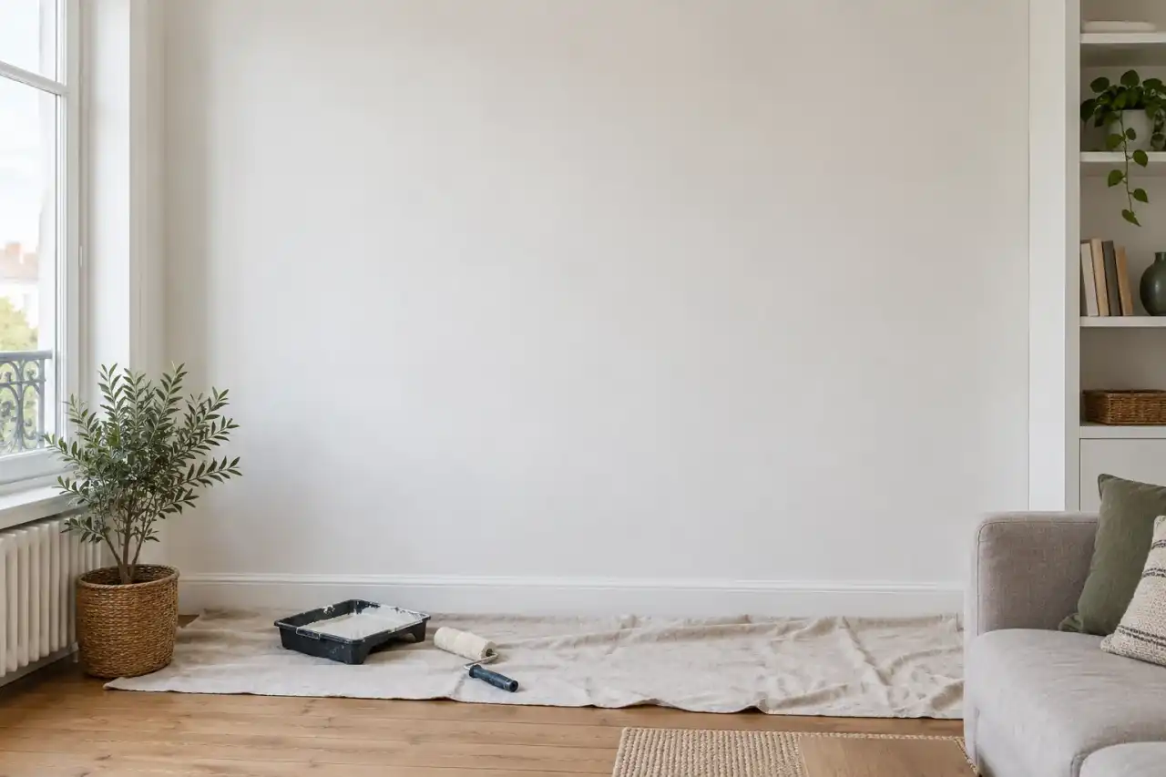 Séjour au mur fraîchement peint en blanc, bâche et rouleau au pied du mur