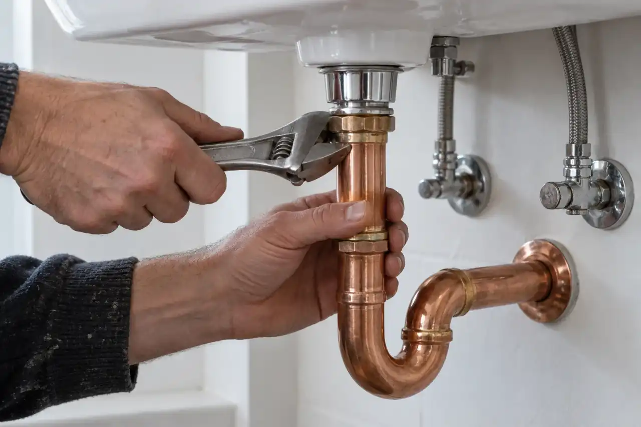 Plombier qui serre à la clé un siphon en cuivre sous un lavabo