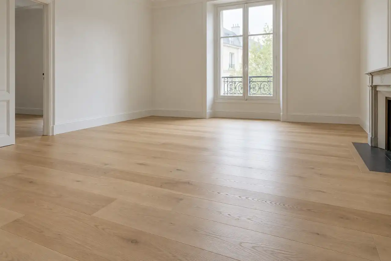 Pièce vide au parquet chêne clair posé à lames larges