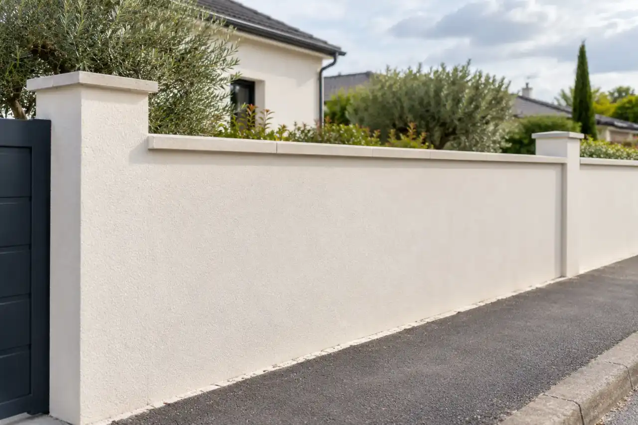Mur de clôture enduit clair avec chaperon, le long d'une allée