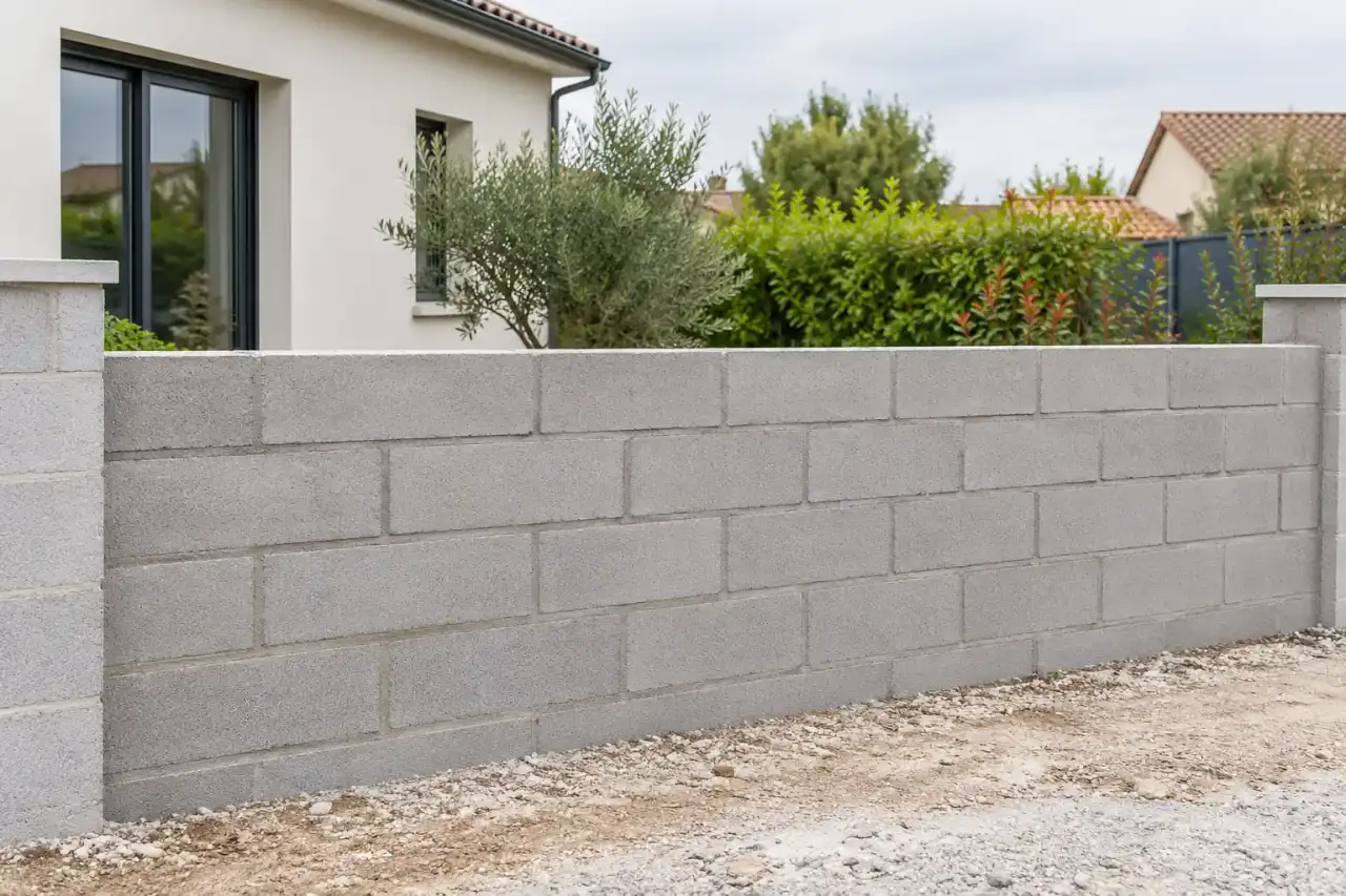 Mur en parpaings neuf aux joints réguliers
