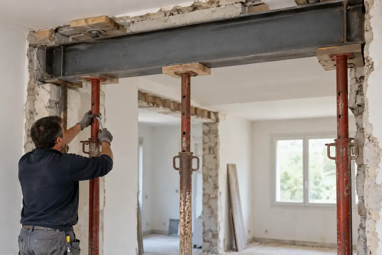 Ouverture dans un mur porteur avec poutre métallique et étais