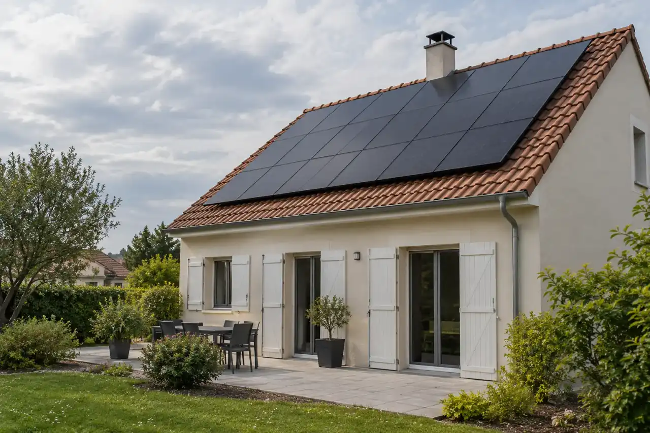 Panneaux photovoltaïques noirs alignés sur le toit tuile d’un pavillon français.